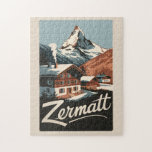 Zermatt Switzerland Travel Art Vintage Jigsaw Puzzle<br><div class="desc">Zermatt retro vector travel design. Zermatt,  in southern Switzerland’s Valais canton,  is a mountain resort renowned for skiing,  climbing and hiking.</div>