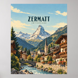 Zermatt Switzerland Vintage Travel Art Poster