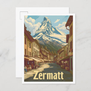 Zermatt Switzerland Vintage Travel Illustration Postcard