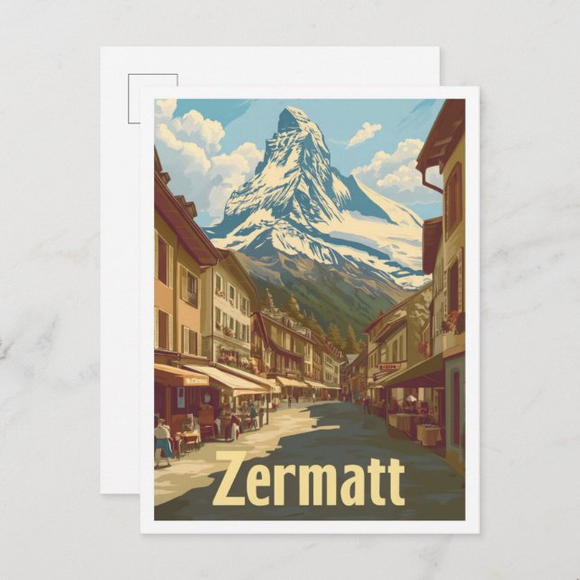 Zermatt Switzerland Vintage Travel Illustration Postcard (Front/Back)