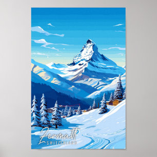 Zermatt Switzerland vintage travel illustration Poster
