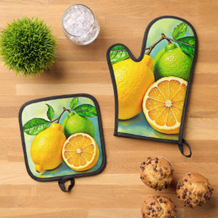 Zesty Citrus Burst of Sunshine Design Oven Mitt & Pot Holder Set