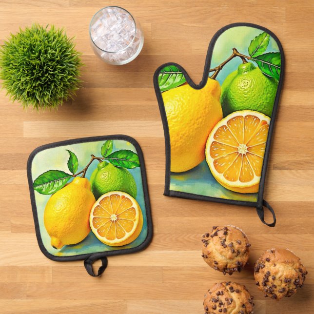 Zesty Citrus Burst of Sunshine Design Oven Mitt & Pot Holder Set (Top Down)