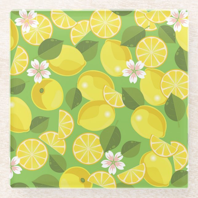 Zesty Lemon: Citrus Pattern Delight Glass Coaster (Front)