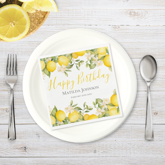Zesty Lemons Fun Yellow Birthday Party Napkin (Mockup View)