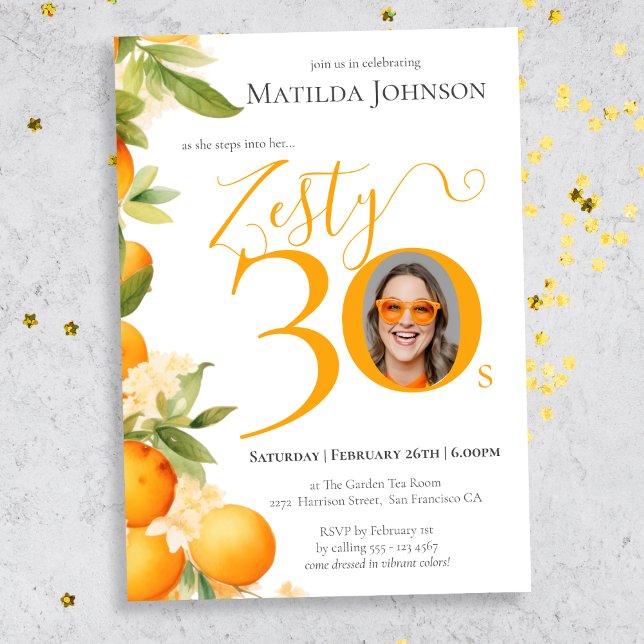 Zesty Orange Photo 30th Birthday Party Invitation (Mockup View)