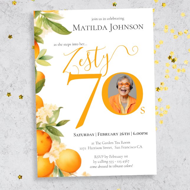 Zesty Orange Photo 70th Birthday Party Invitation (Mockup View)