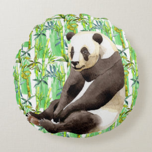 Zhen Zhen the Panda on Bamboo Round Cushion
