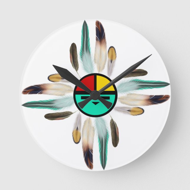 Zia Sun God with Feathers Round Clock (Front)