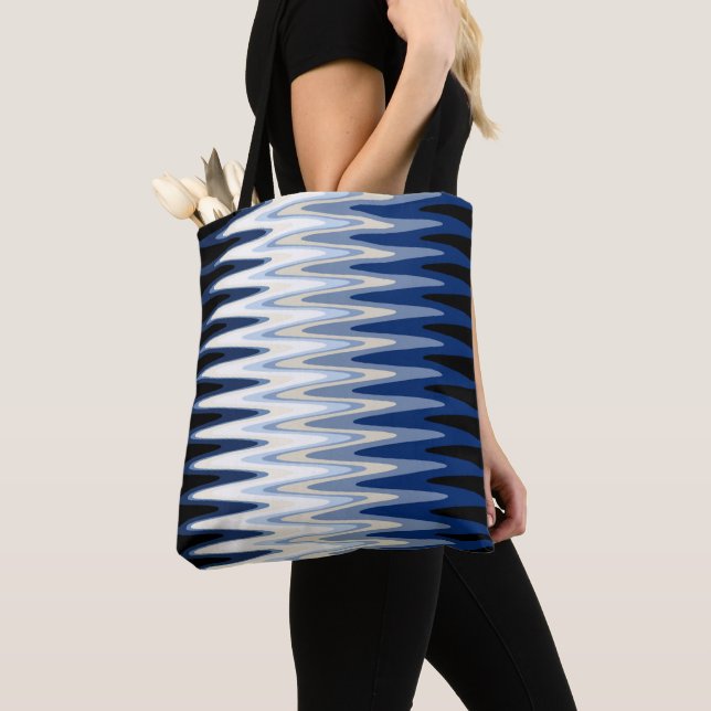 Zig Zag Blue Black White Grey Beige Pattern Tote Bag (Close Up)