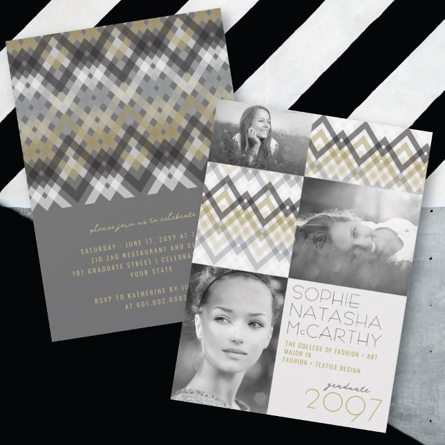 Zig Zag Checks Pattern 3 Photo Graduation Party Invitation (Creator Uploaded)