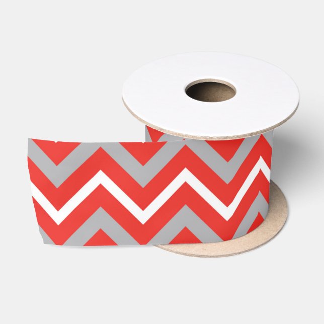 Zig Zag Lines Red White Gray Creative Stripes Satin Ribbon (Spool)