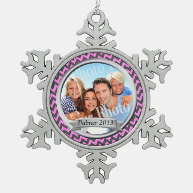 Zig Zag Pattern Family Photo Keepsake Snowflake Pewter Christmas Ornament (Front)