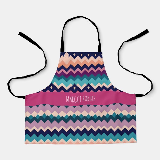 Zig-zagging pastel Pink Navy Retro Pattern Apron (Front)