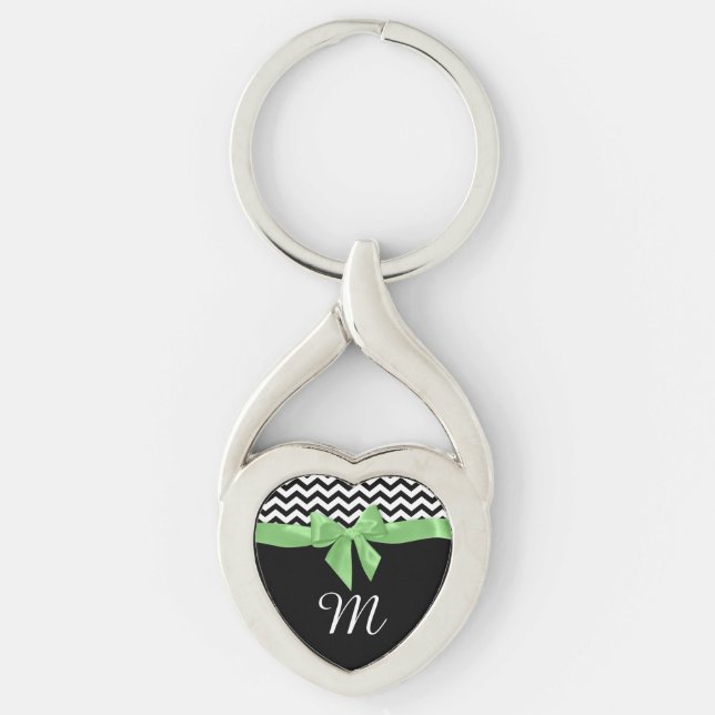 Zigzag and Green Bow with Monogram Key Ring (Front)