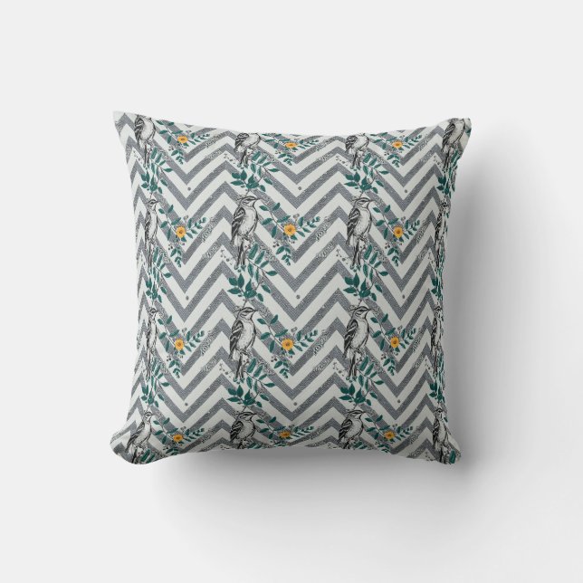Zigzag Bird & Flower Pattern Cushion (Front)