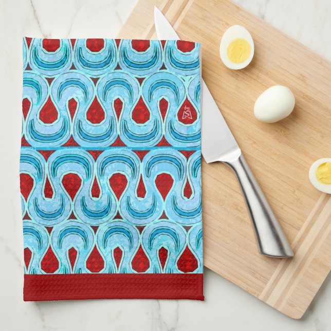 Zigzag Blue and Red Ribbon Candy - Red Border Tea Towel (Quarter Fold)