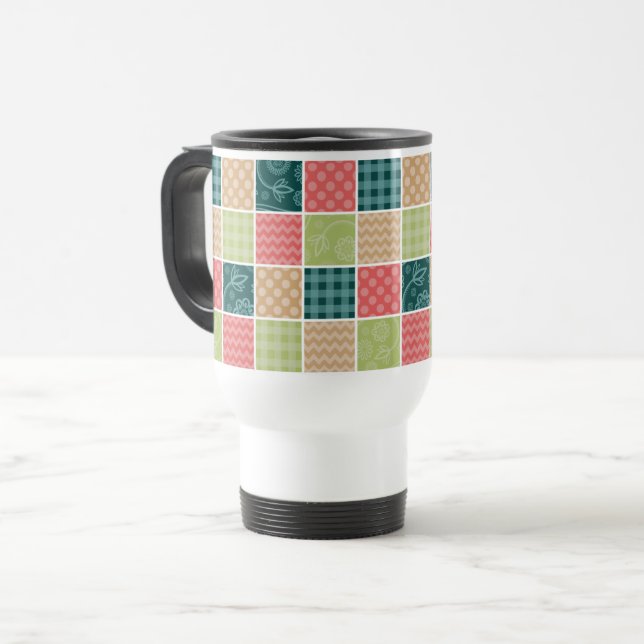 Zigzag, Chevron, Gingham, Polka Dots, Patchwork Travel Mug (Front Left)