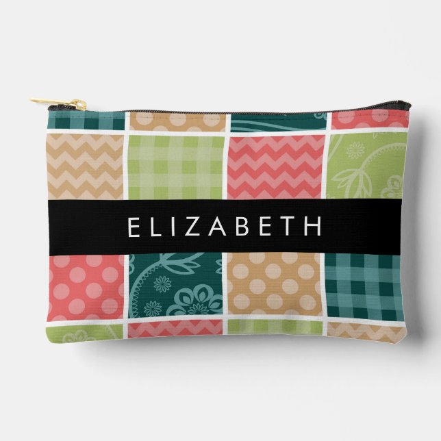 Zigzag, Chevron, Gingham, Polka Dots, Your Name Accessory Pouch (Front)