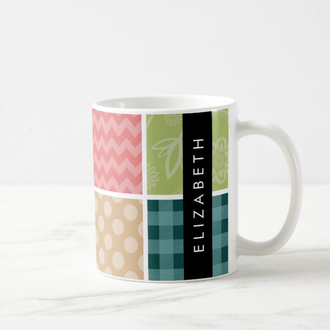 Zigzag, Chevron, Gingham, Polka Dots, Your Name Coffee Mug (Right)
