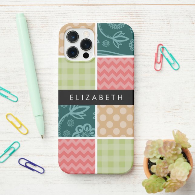 Zigzag, Chevron, Gingham, Polka Dots, Your Name iPhone Case (On Desk)