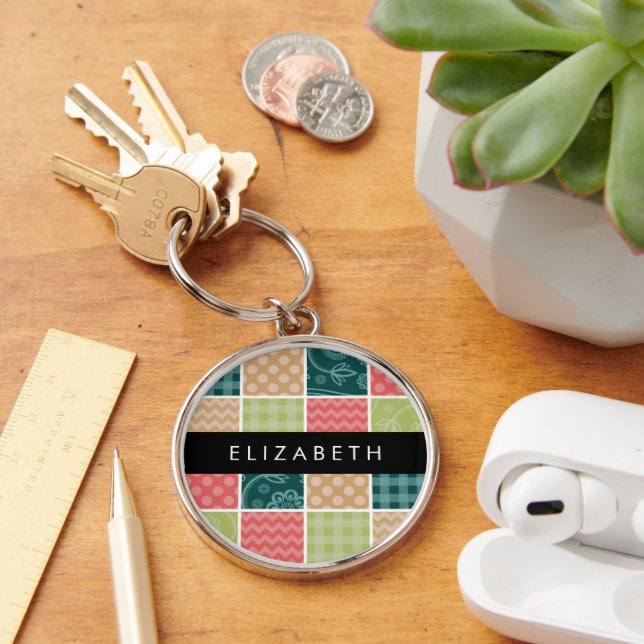 Zigzag, Chevron, Gingham, Polka Dots, Your Name Key Ring (Desk)
