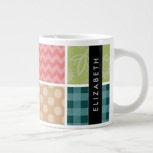 Zigzag, Chevron, Gingham, Polka Dots, Your Name Large Coffee Mug