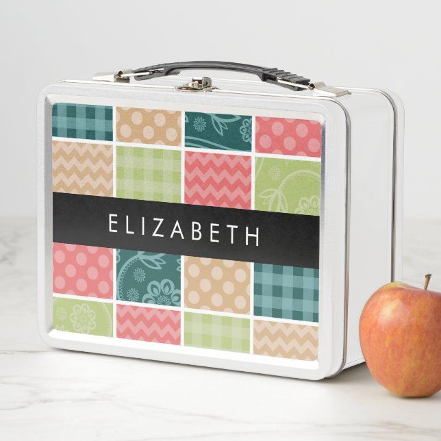 Zigzag, Chevron, Gingham, Polka Dots, Your Name Metal Lunch Box (In Situ)