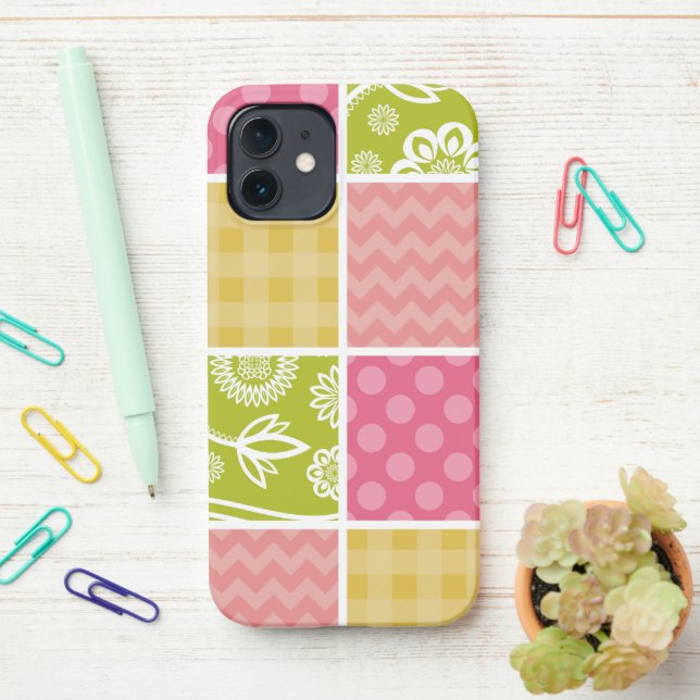 Zigzag, Chevron, Polka Dots, Gingham, Patchwork iPhone Case (On Desk)