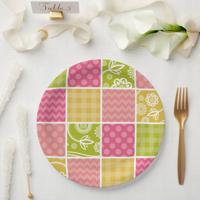 Zigzag, Chevron, Polka Dots, Gingham, Patchwork Paper Plate (Wedding)