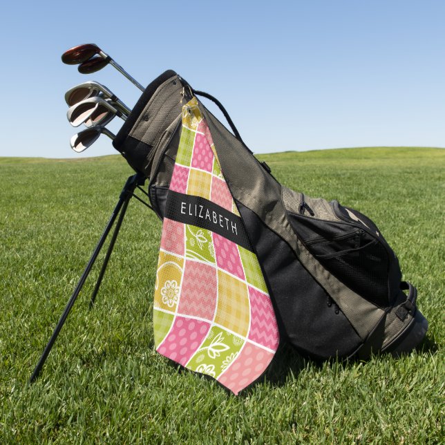 Zigzag, Chevron, Polka Dots, Gingham, Your Name Golf Towel (Green)