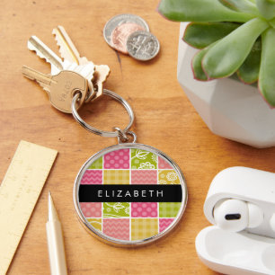 Zigzag, Chevron, Polka Dots, Gingham, Your Name Key Ring