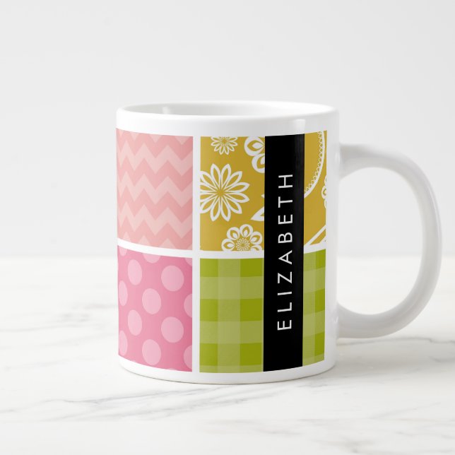 Zigzag, Chevron, Polka Dots, Gingham, Your Name Large Coffee Mug (Right)