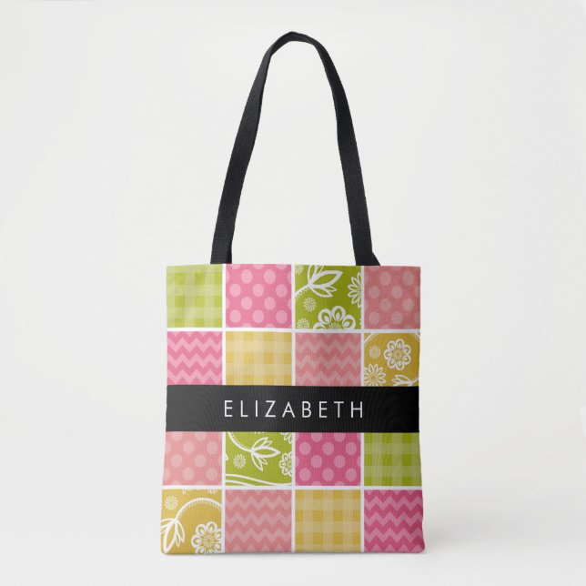 Zigzag, Chevron, Polka Dots, Gingham, Your Name Tote Bag (Front)
