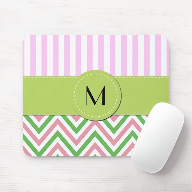 Zigzag, Chevron, Stripes, Pink, Green, Monogram Mouse Mat (With Mouse)