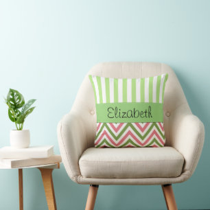 Zigzag, Chevron, Stripes, Pink, Green, Your Name Cushion