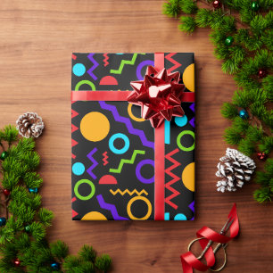 Zigzag Circles Pattern in Neon on Black Wrapping Paper