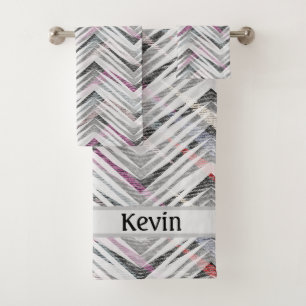 Zigzag, geometric, grey, lilac, pink, black, strip bath towel set