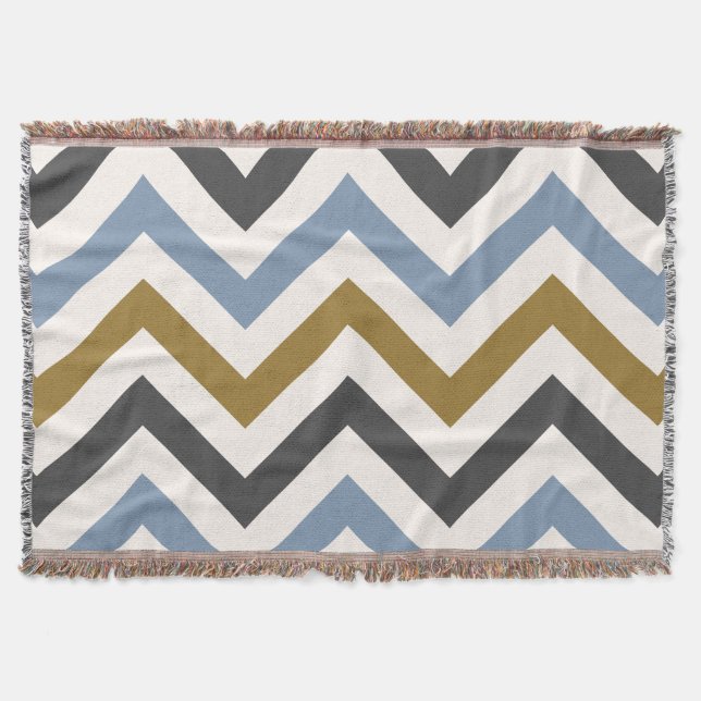 Zigzag Large Pattern Gold Grey & Blue on Cream Throw Blanket (Front)