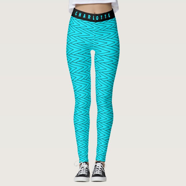Zigzag Neon Turquoise Geometric Sports & Yoga Name Leggings (Front)