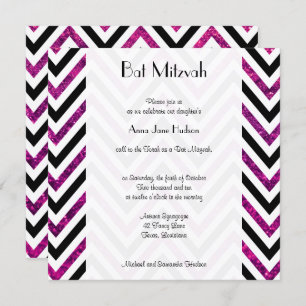 Zigzag Pattern, Chevron, Pink Glitter, Bat Mitzvah Invitation