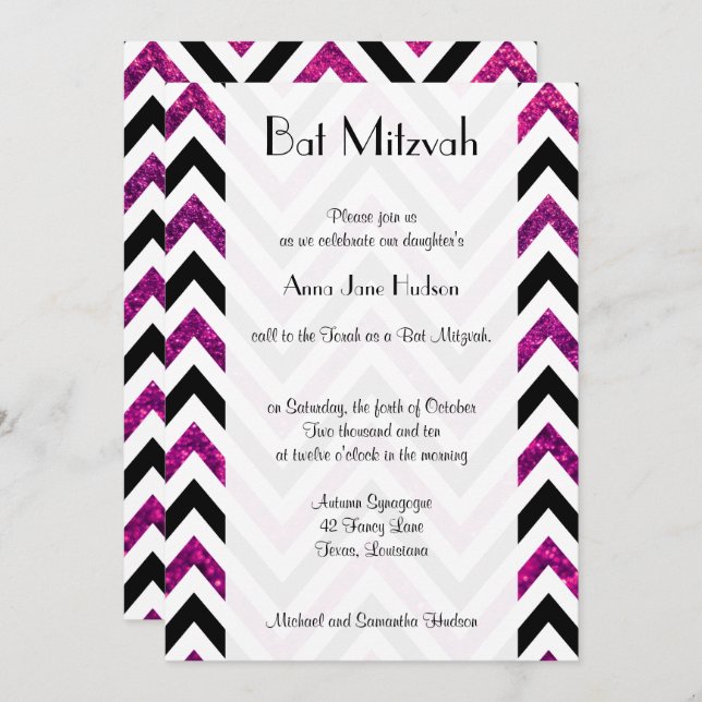 Zigzag Pattern, Chevron, Pink Glitter, Bat Mitzvah Invitation (Front/Back)