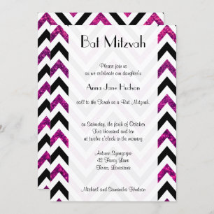 Zigzag Pattern, Chevron, Pink Glitter, Bat Mitzvah Invitation