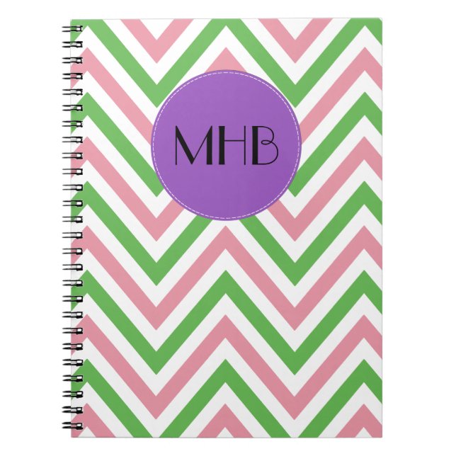 Zigzag Pattern, Chevron, Pink, Green, Monogram Notebook (Front)