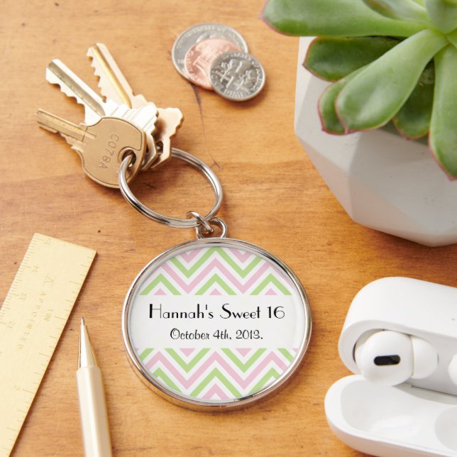 Zigzag Pattern, Chevron, Pink, Green, Sweet 16 Key Ring (Desk)