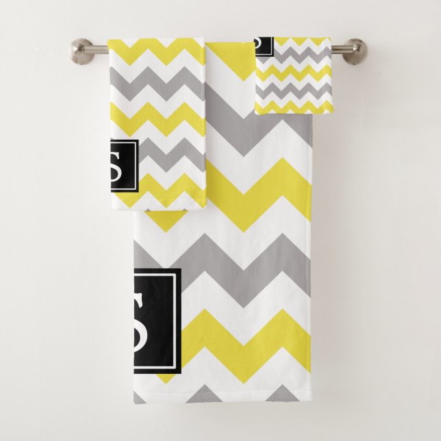 Zigzag Pattern, Chevron, Yellow, Grey, Monogram Bath Towel Set (Insitu)