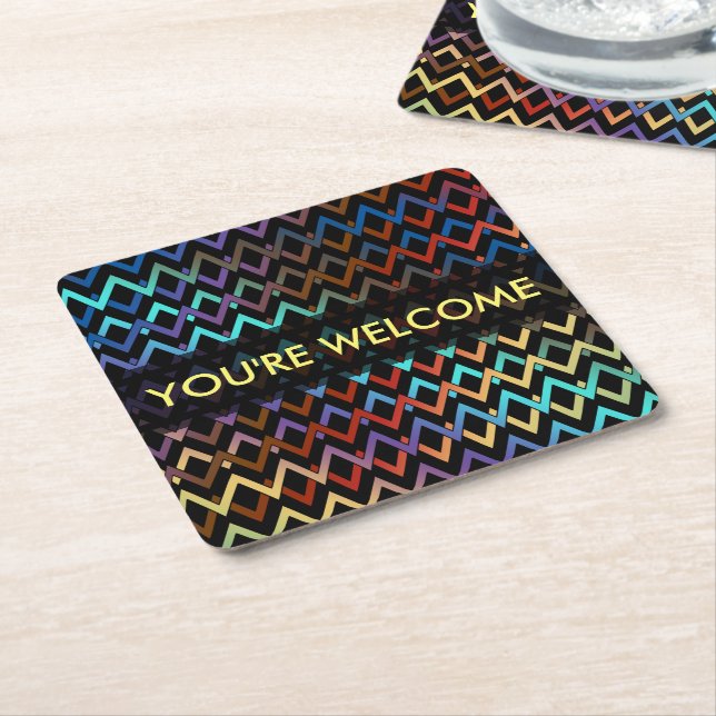 ZIGZAG pattern - coloured + your text Square Paper Coaster (Angled)