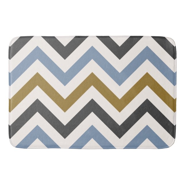 Zigzag Pattern Gold Grey & Blue on Cream Bath Mat (Front)