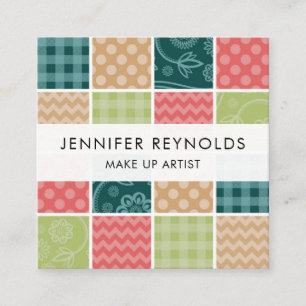 Zigzag, Polka Dots, Gingham - Green Red Blue Square Business Card
