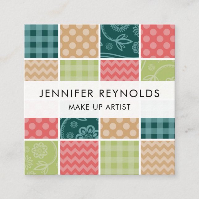 Zigzag, Polka Dots, Gingham - Green Red Blue Square Business Card (Front)